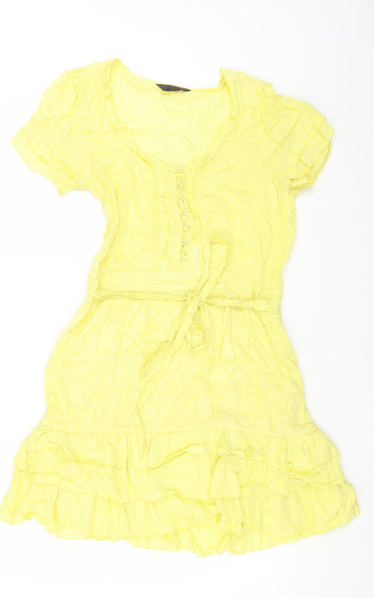 Miss Selfridge Womens Yellow Viscose Fit & Flare Size 12 Scoop Neck Button