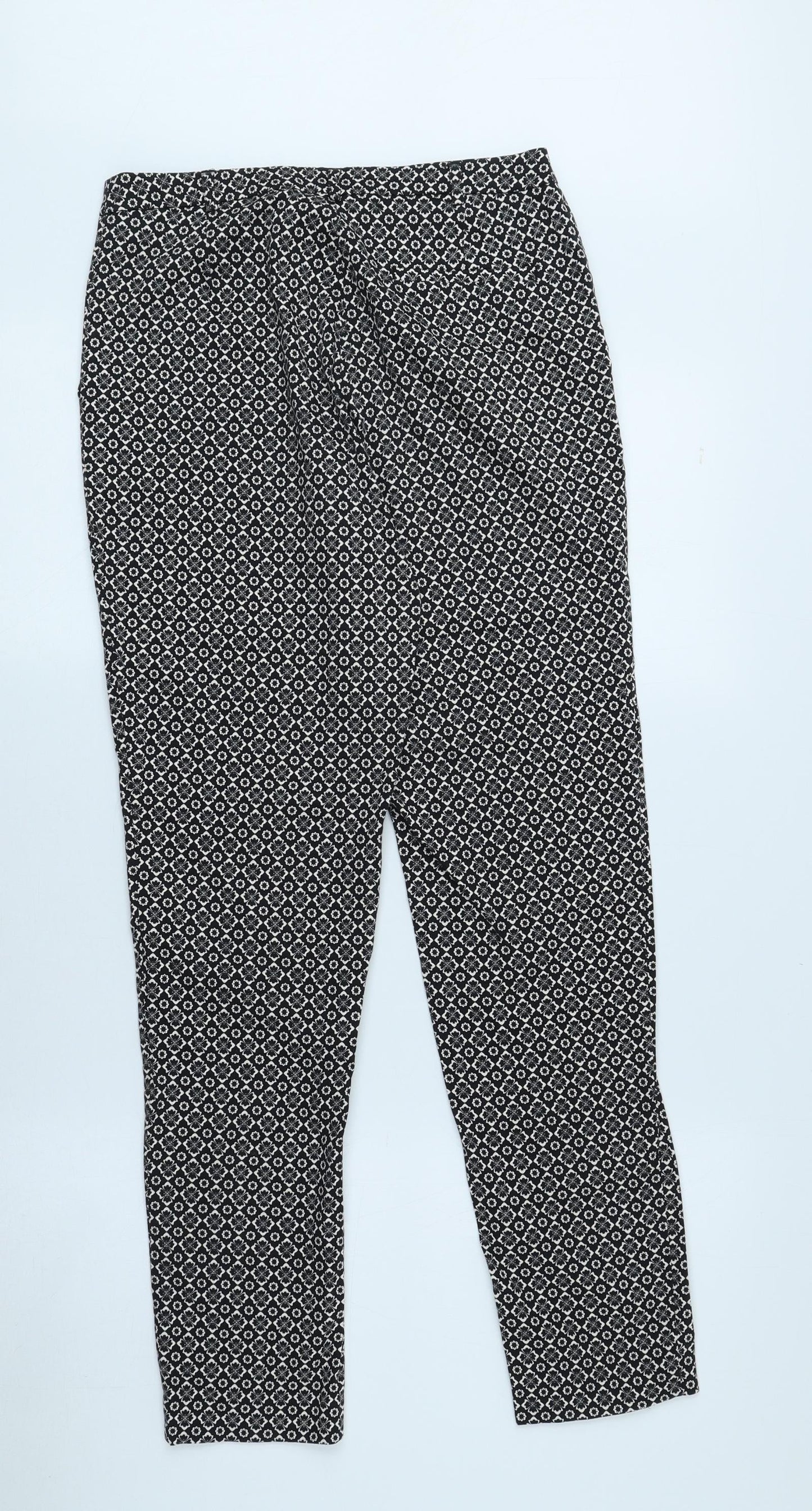 Oasis Womens Black Floral Cotton Trousers Size 8 L26 in Regular Button