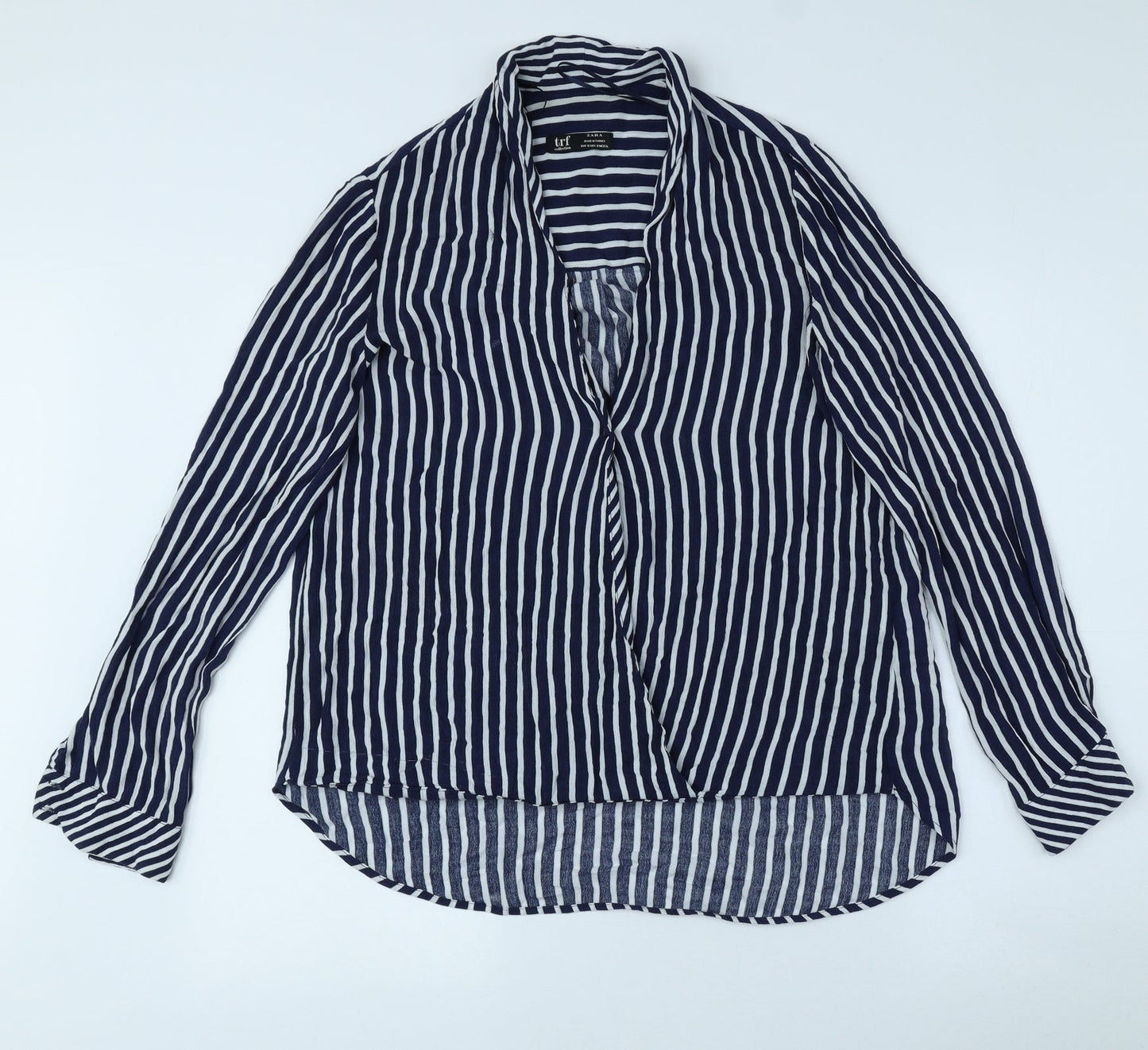 Zara Womens Blue Striped Viscose Basic Button-Up Size 8 V-Neck