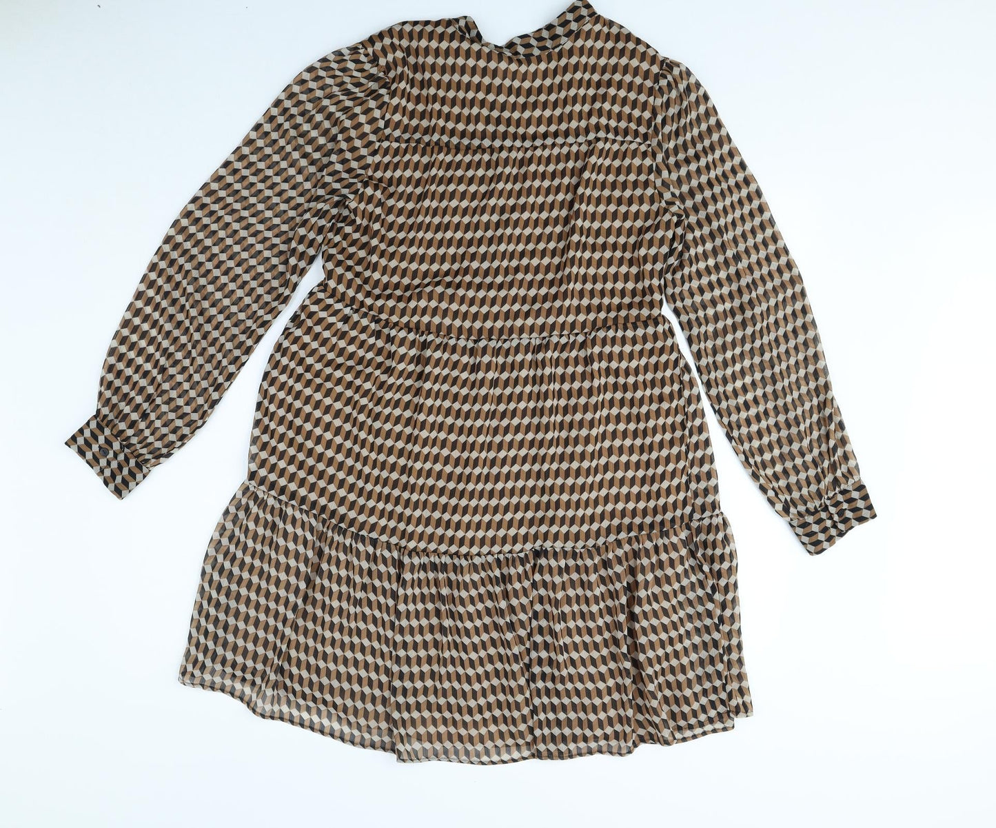 MNG Womens Brown Geometric Polyester Fit & Flare Size 8 Mock Neck Button