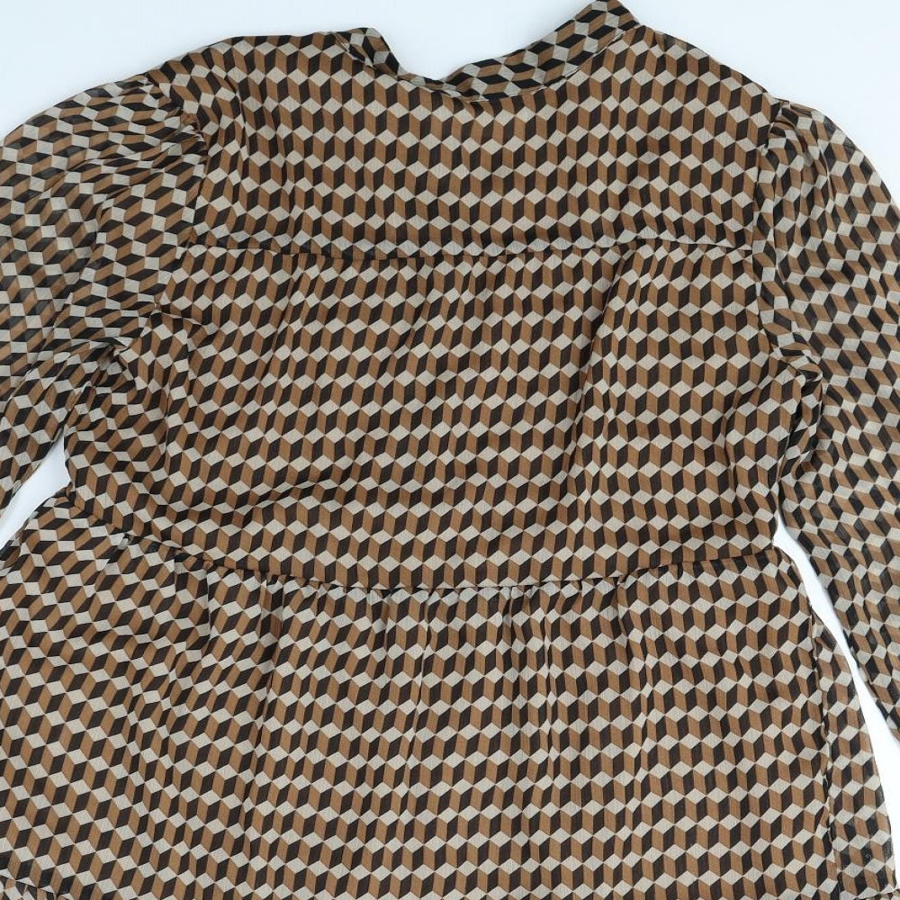 MNG Womens Brown Geometric Polyester Fit & Flare Size 8 Mock Neck Button