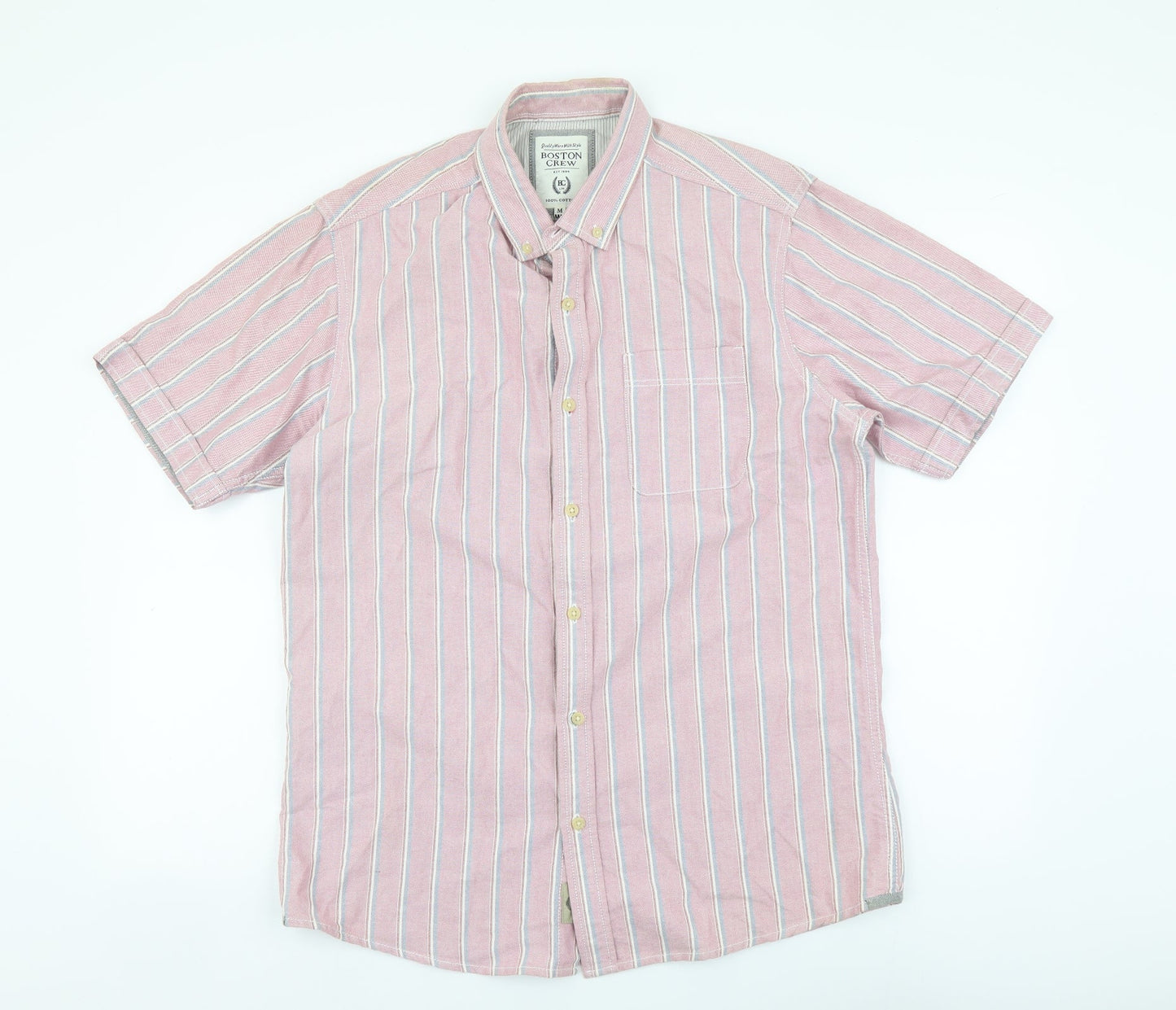 Boston Crew Mens Pink Striped Cotton Button-Up Size M Collared Button