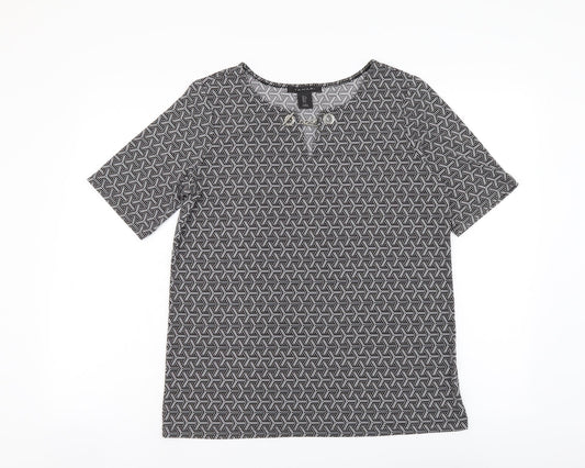 Tahari Womens Black Geometric Polyester Basic T-Shirt Size S Round Neck