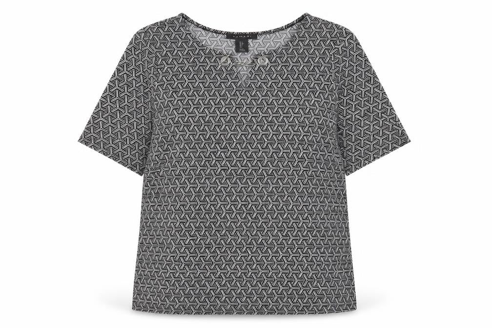 Tahari Womens Black Geometric Polyester Basic T-Shirt Size S Round Neck