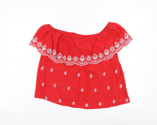 Select Womens Red Geometric Viscose Basic Blouse Size 12 Off the Shoulder