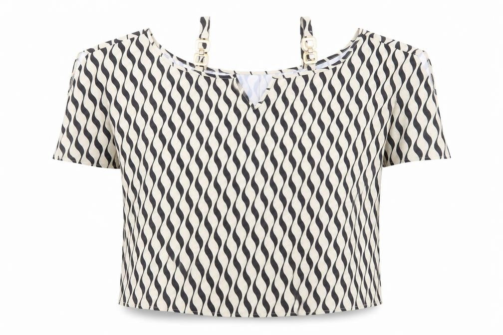 SheIn Womens Ivory Geometric Polyester Basic T-Shirt Size L Boat Neck - Cold Shoulder