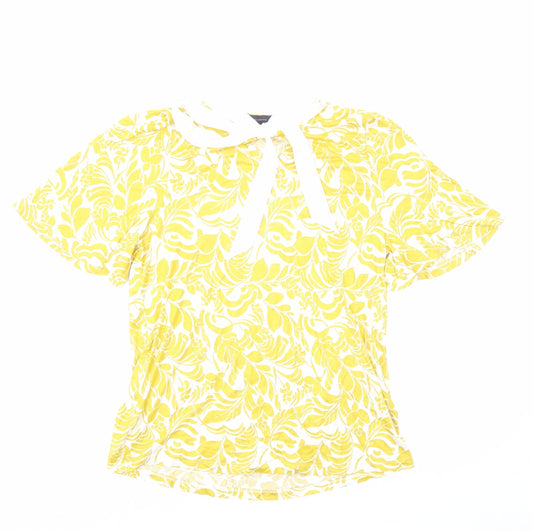 Marks and Spencer Womens Yellow Geometric Viscose Basic T-Shirt Size 14 Round Neck - Neck Tie