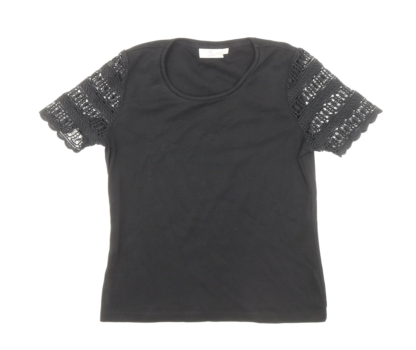 CC Womens Black Polyester Basic T-Shirt Size S Round Neck - Lace Sleeve Detail