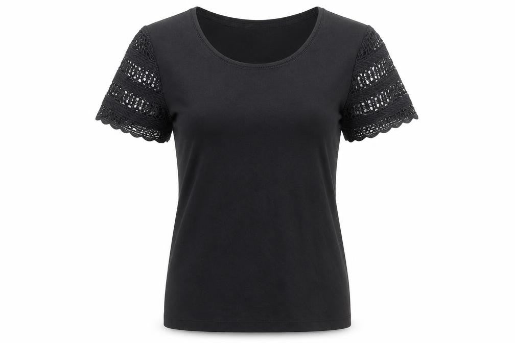Country Casuals Womens Black Polyester Basic T-Shirt Size S Round Neck - Lace Sleeve Detail