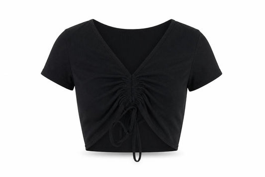 Boohoo Womens Black Polyester Cropped T-Shirt Size 6 V-Neck - Ruched