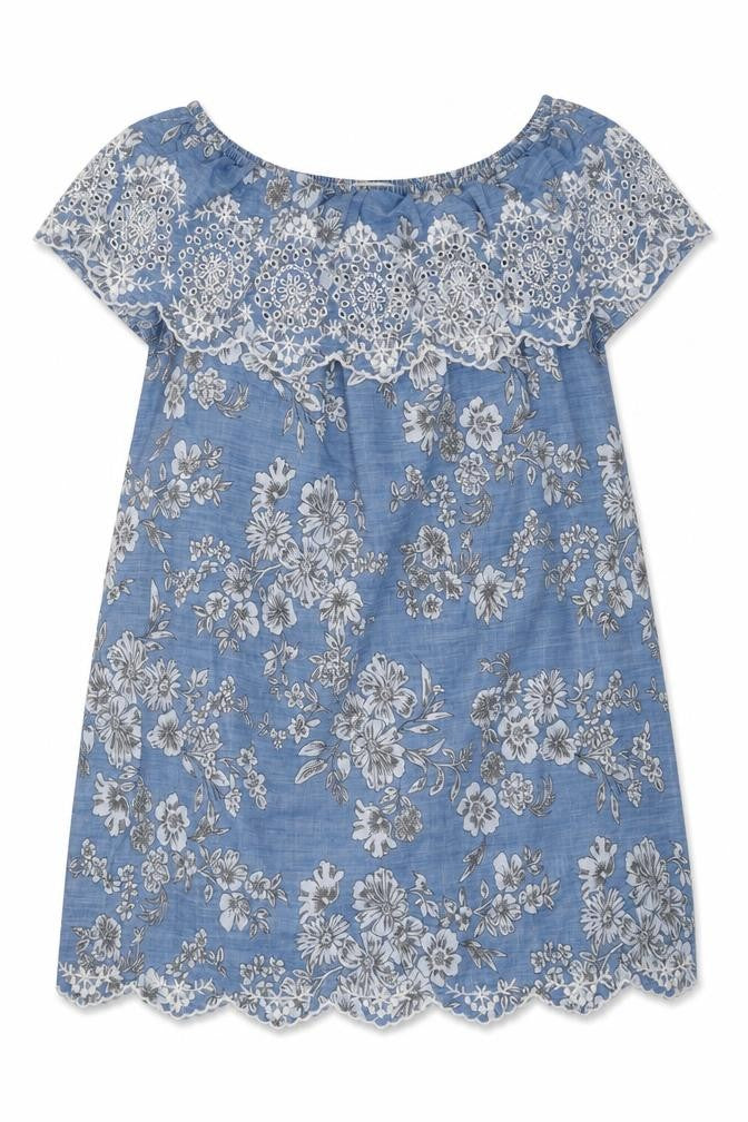 TU Womens Blue Floral 100% Cotton Mini Size 8 Off the Shoulder Pullover