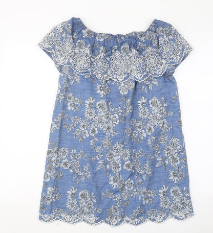 Tu Womens Blue Floral 100% Cotton Mini Size 8 Off the Shoulder Pullover