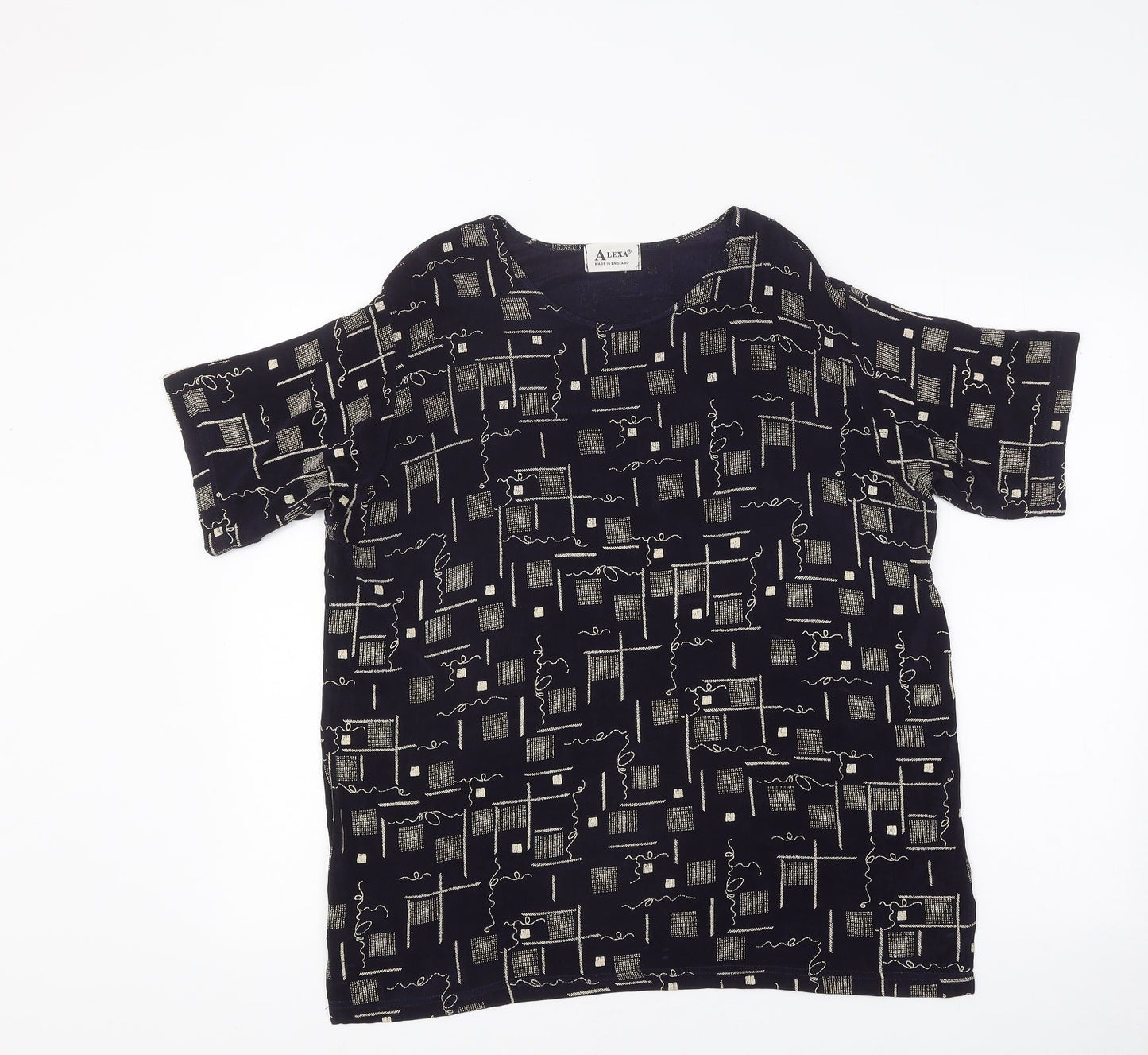 Alexa Womens Black Geometric Polyester Basic T-Shirt Size L Round Neck
