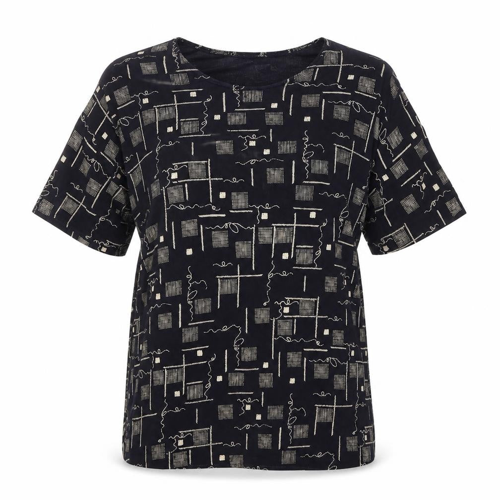 Alexa Womens Black Geometric Polyester Basic T-Shirt Size L Round Neck