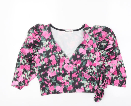 Urban Bliss Womens Black Geometric Polyester Cropped Blouse Size 8 V-Neck