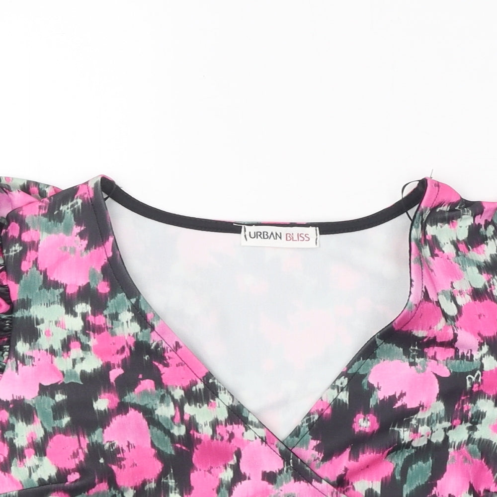 Urban Bliss Womens Black Geometric Polyester Cropped Blouse Size 8 V-Neck