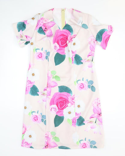 Womens Pink Floral Polyester A-Line Size M V-Neck Zip
