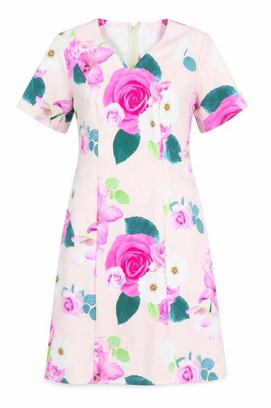Womens Pink Floral Polyester A-Line Size M V-Neck Zip