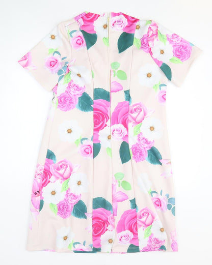 Womens Pink Floral Polyester A-Line Size M V-Neck Zip