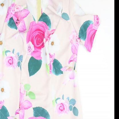 Womens Pink Floral Polyester A-Line Size M V-Neck Zip