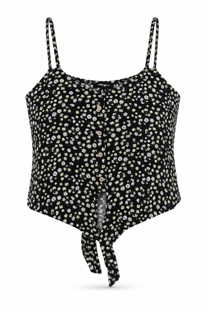 New Look Womens Black Floral Cotton Basic T-Shirt Size 14 Off the Shoulder - Tie Front