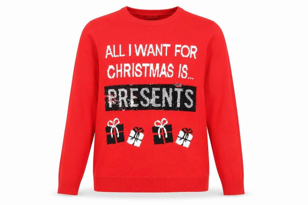 Festive fun Womens Red Round Neck Geometric Acrylic Pullover Jumper Size 12 - All I want for Christmas is Presents