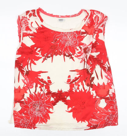Saint Tropez Clothing Womens Red Floral Polyester Basic Blouse Size L Boat Neck