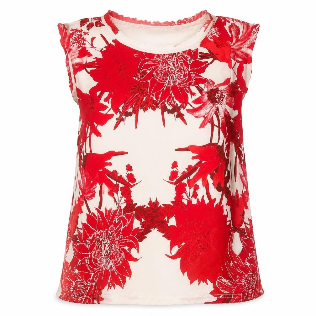 Saint Tropez Clothing Womens Red Floral Polyester Basic Blouse Size L Boat Neck