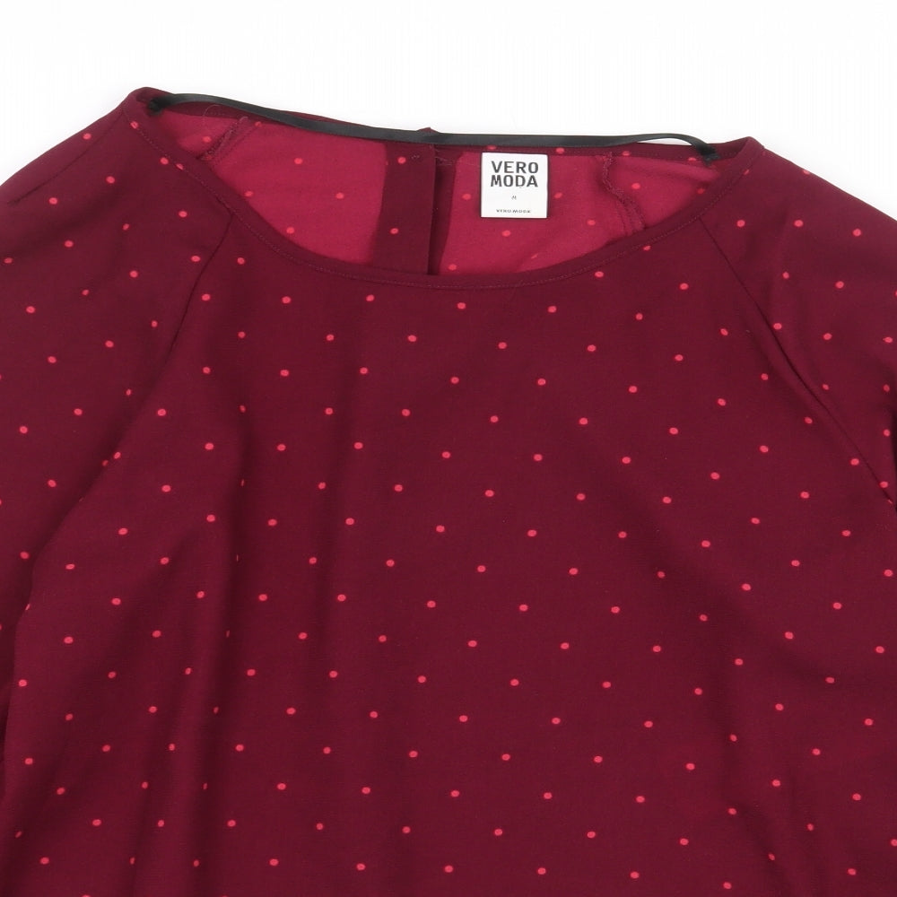 VERO MODA Womens Red Polka Dot Polyester Basic Blouse Size M Boat Neck