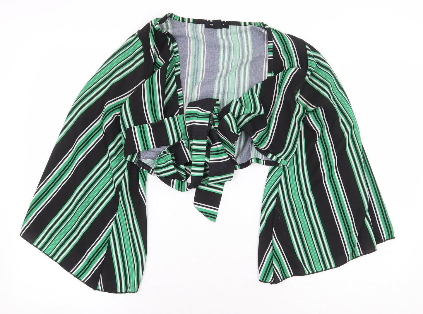 New Look Womens Green Striped Polyester Cropped Blouse Size 8 V-Neck