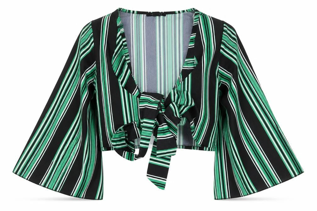 New Look Womens Green Striped Polyester Cropped Blouse Size 8 V-Neck