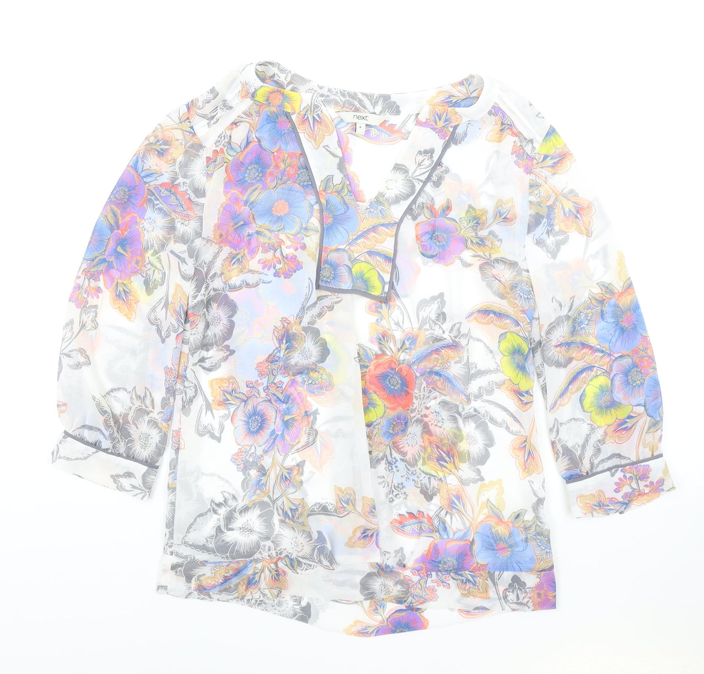 NEXT Womens Grey Floral Polyester Tunic Blouse Size 8 V-Neck