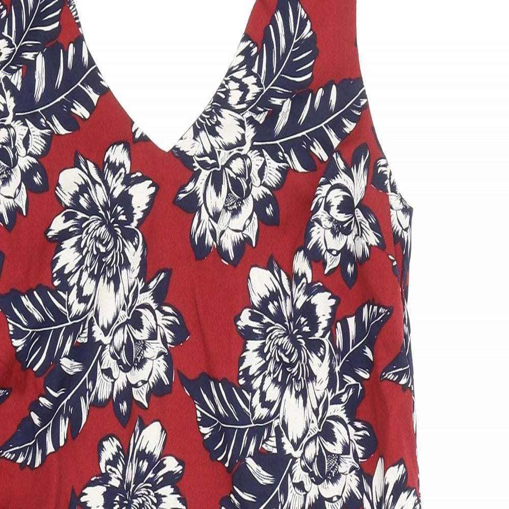 New Look Womens Red Floral Polyester Tank Dress Size 8 V-Neck Pullover