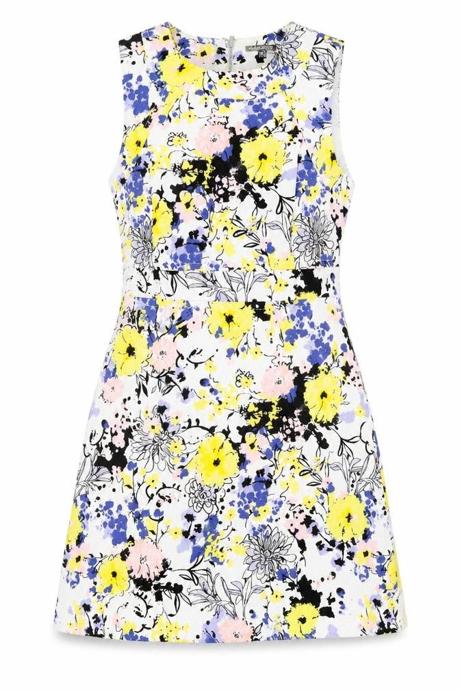 Warehouse Womens White Floral Polyester A-Line Size 10 Boat Neck Zip