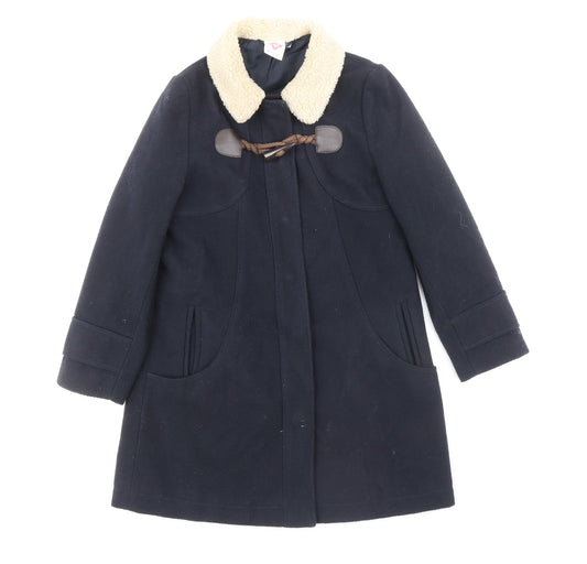 John Lewis Girls Blue Duffle Coat Coat Size 8 Years Snap - Fur Collar Polyester & Acrylic, Double Front Pocket, Top Fastening Detail, Buttoned Cuff