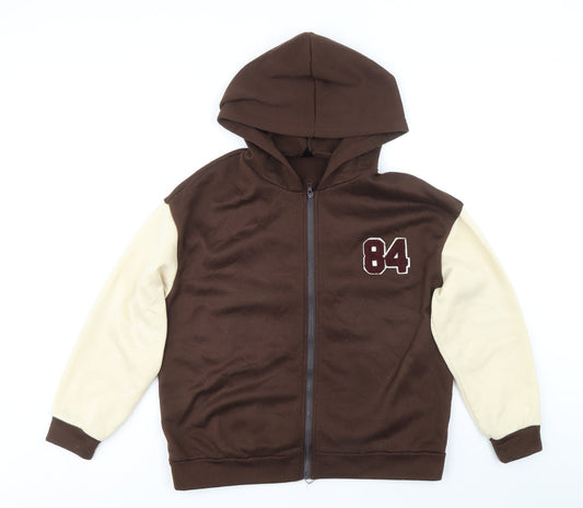 SheIn Womens Brown Colourblock Polyester Full Zip Hoodie Size S Zip - Varsity Style Number 84 Aplique