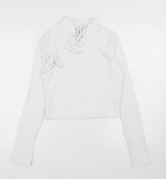 COLLUSION Womens White Polyester Basic T-Shirt Size 12 Mock Neck - Cut Out