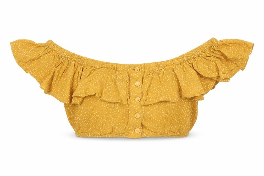 Topshop Womens Yellow Polka Dot Viscose Cropped Blouse Size 10 Off the Shoulder