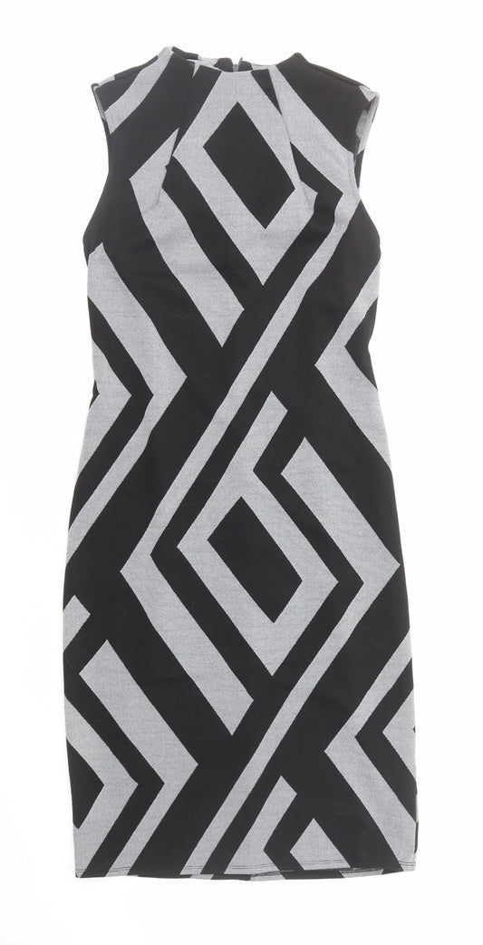 Principles Womens Black Geometric Polyester A-Line Size 12 Mock Neck Zip