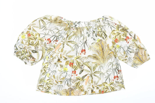 H&M Womens Multicoloured Geometric Cotton Basic T-Shirt Size M Off the Shoulder - Leaf Print