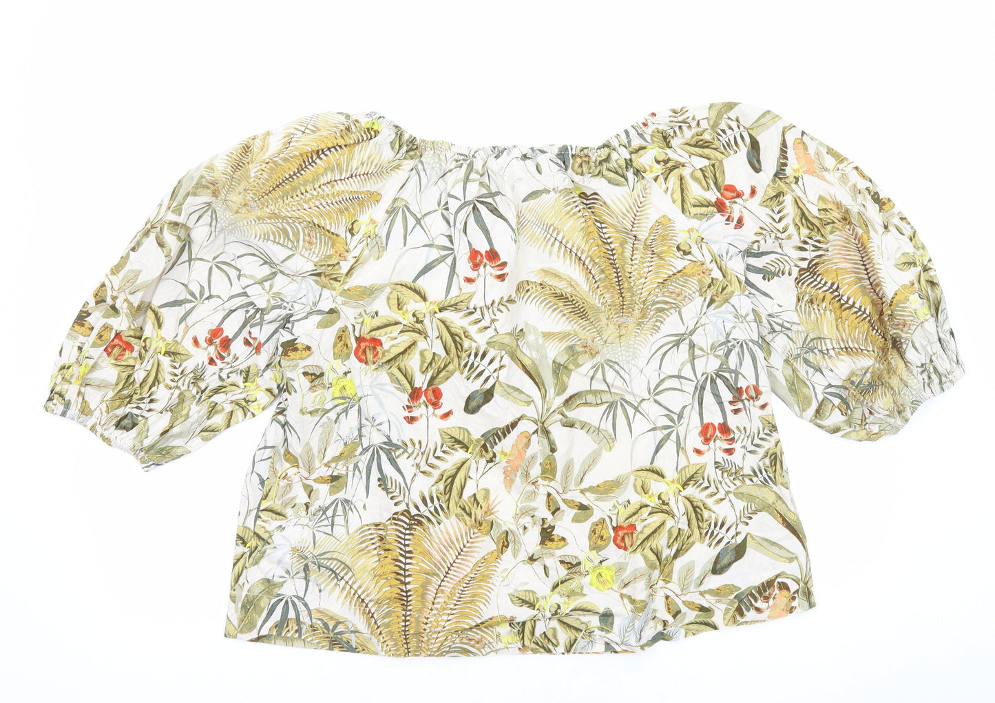 H&M Womens Multicoloured Geometric Cotton Basic T-Shirt Size M Off the Shoulder - Leaf Print