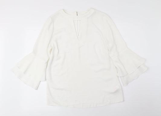 F&F Womens White Polyester Basic Blouse Size 8 Boat Neck - Flared Sleeves