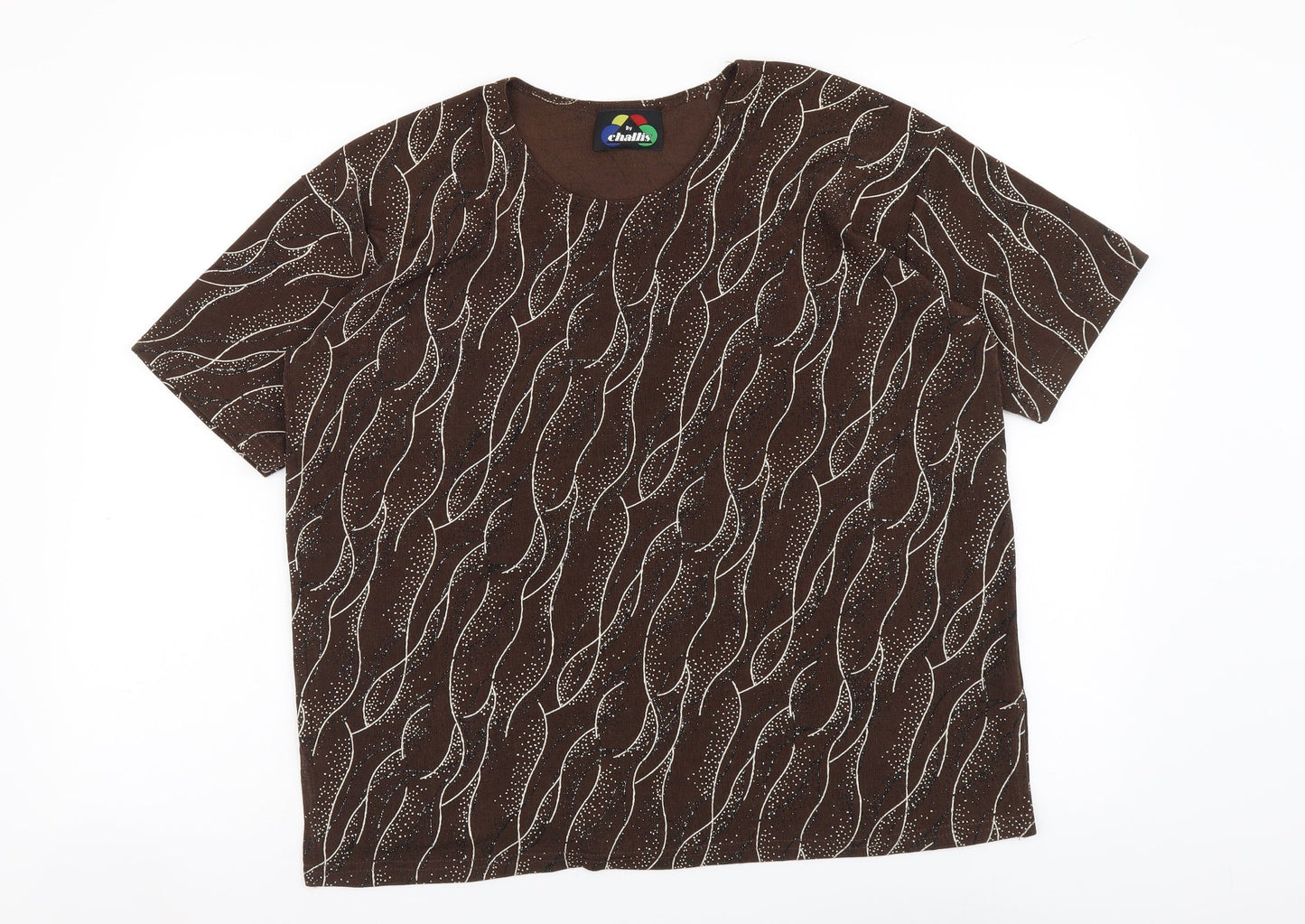 By Challis Womens Brown Geometric Polyester Basic T-Shirt Size L Round Neck