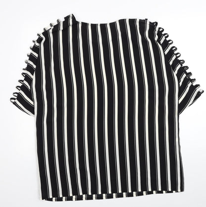 Preloved Coco Bianco Womens Black Striped Polyester Basic Blouse Size XL Boat Neck - Cut Out Shoulder Detail - Back