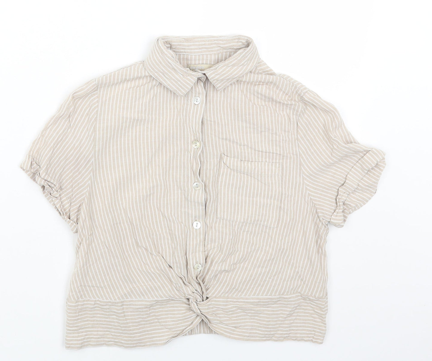 Cropp Womens Beige Striped Viscose Cropped Button-Up Size XS Collared