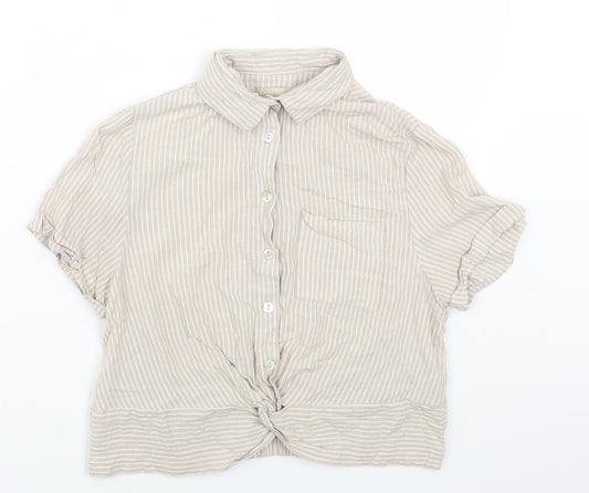 Cropp Womens Beige Striped Viscose Cropped Button-Up Size XS Collared