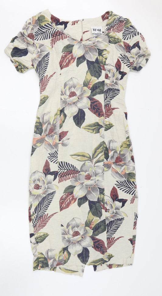 NU-OZ Womens White Floral Polyester A-Line Size 10 Boat Neck Zip