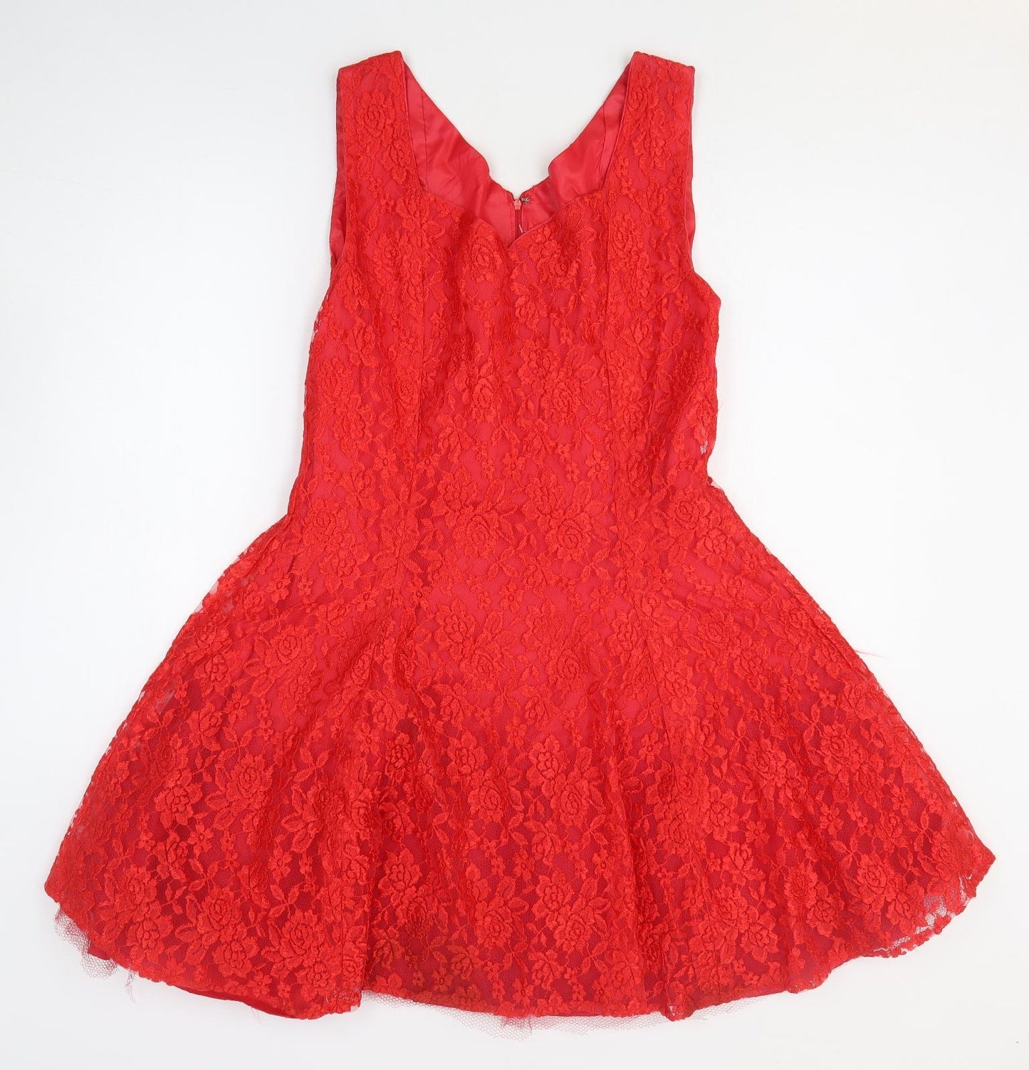 Preworn Womens Red Floral Polyester Fit & Flare Size M Sweetheart Zip