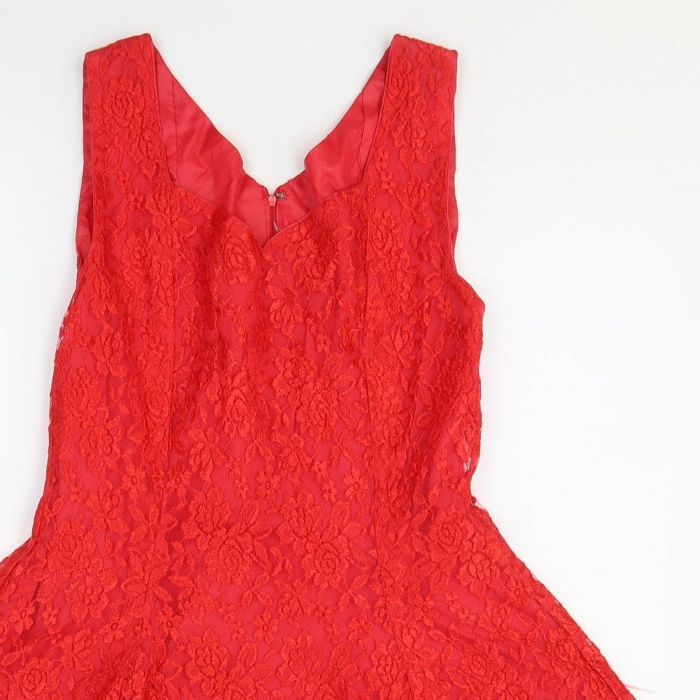Preworn Womens Red Floral Polyester Fit & Flare Size M Sweetheart Zip