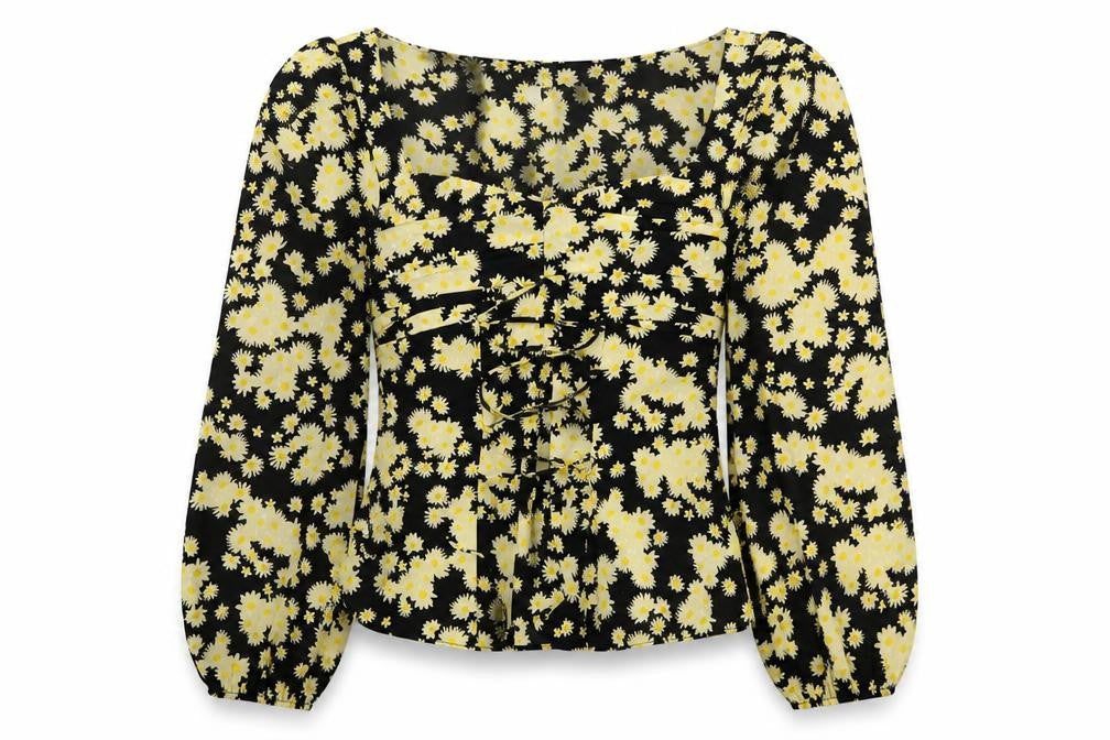 Topshop Womens Yellow Floral Polyester Basic Blouse Size 10 Square Neck